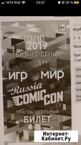 Билет на Игромир (Comic Con) 3 октября Красногорск - изображение 1