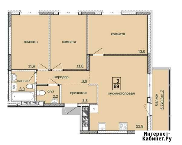 3-к квартира, 72 кв.м., 7/17 эт. Ижевск - изображение 1