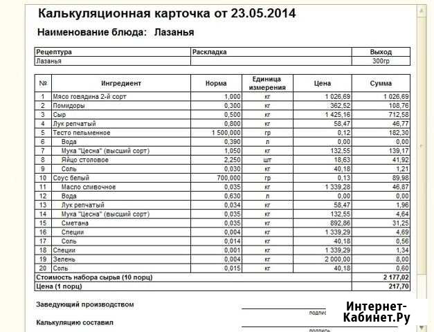 Калькуляции готовых блюд Братск - изображение 1