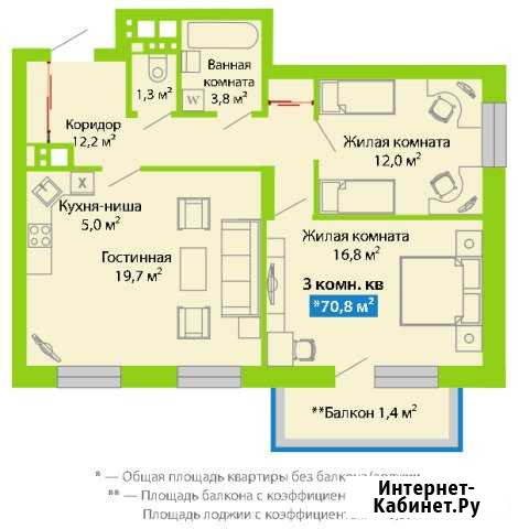 3-комнатная квартира, 70.8 м², 10/17 эт. на продажу в Перми Пермь - изображение 1
