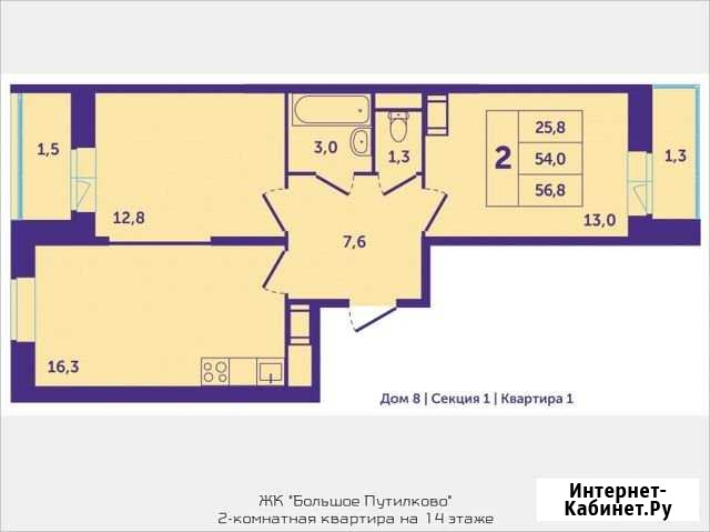 2-комнатная квартира, 56.8 м², 14/25 эт. на продажу в Красногорске Московской области Красногорск - изображение 1
