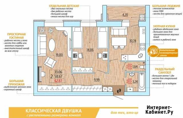 2-комнатная квартира, 62.9 м², 5/10 эт. на продажу в Рыбном Рыбное - изображение 1