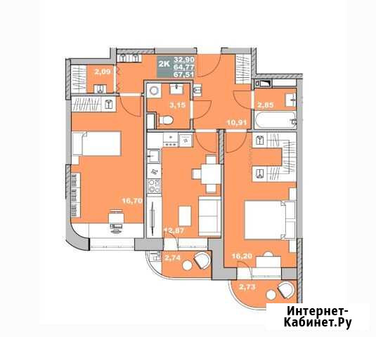 2-комнатная квартира, 71.1 м², 12/16 эт. на продажу в Обнинске Обнинск - изображение 1