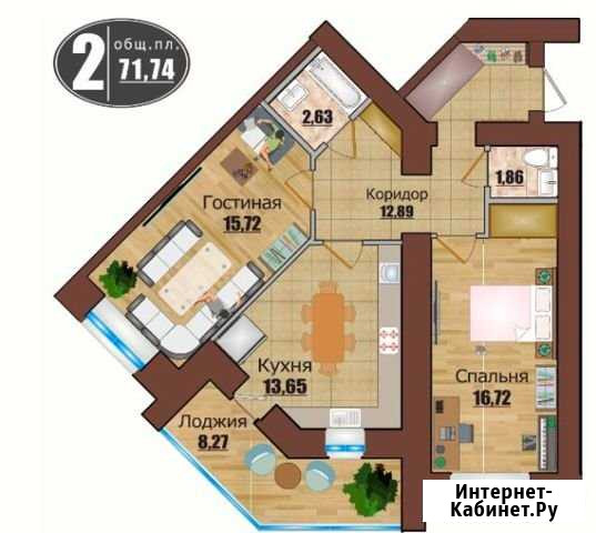 2-комнатная квартира, 71.7 м², 4/13 эт. на продажу в Калуге Калуга - изображение 1
