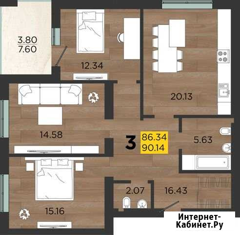 3-комнатная квартира, 90.1 м², 1/4 эт. на продажу в Калининграде Калининград - изображение 1