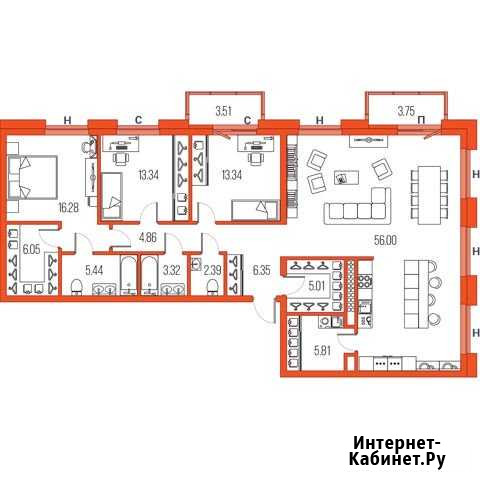 3-комнатная квартира, 138 м², 13/22 эт. на продажу в Санкт-Петербурге Санкт-Петербург - изображение 1
