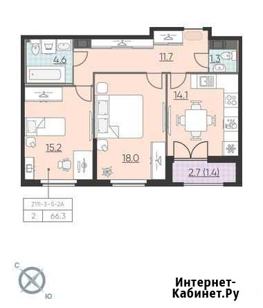 2-комнатная квартира, 66.3 м², 5/23 эт. на продажу в Санкт-Петербурге Санкт-Петербург - изображение 1