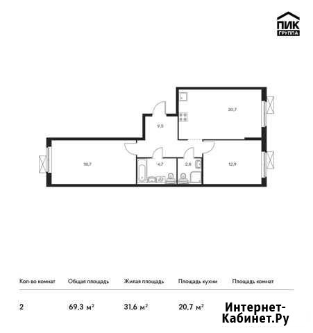 2-комнатная квартира, 69.3 м², 5/9 эт. на продажу в Ильинском Ильинское - изображение 1