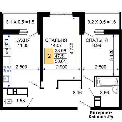 2-комнатная квартира, 50.6 м², 18/24 эт. на продажу в Краснодаре Краснодар