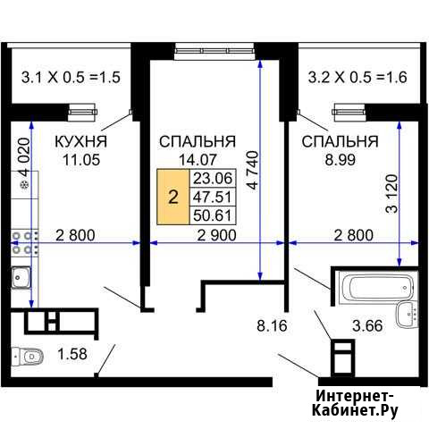 2-комнатная квартира, 50.6 м², 18/24 эт. на продажу в Краснодаре Краснодар - изображение 1