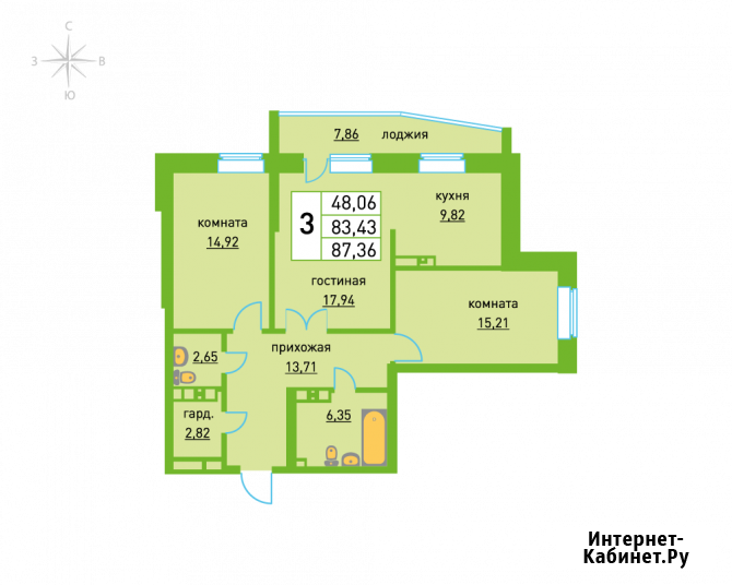 3-комнатная квартира, 87.1 м², 6/17 эт. в аренду на длительный срок в Ижевске Ижевск - изображение 2