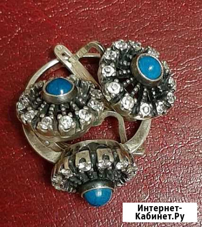 Серьги и кольцо из СССР с бирюзой и фианитами Рязань - изображение 1