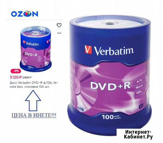 Болванки Verbatim DVD+R, 100 шт, 4.7Гб, 16x/ Индия Анапа - изображение 1